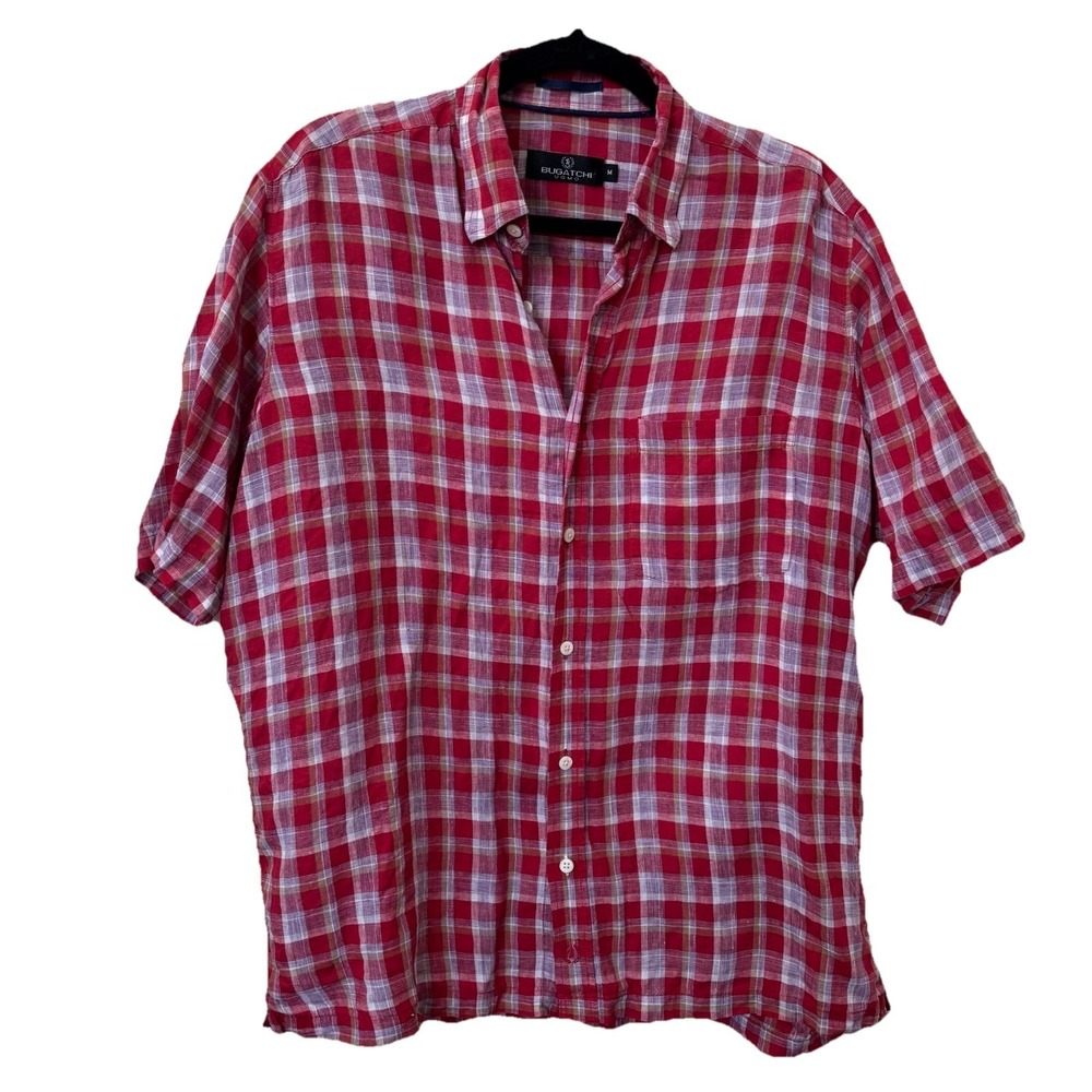 Bugatchi Uomo Red Linen Plaid Button Up Shirt Mens M Camp Resortwear Summer